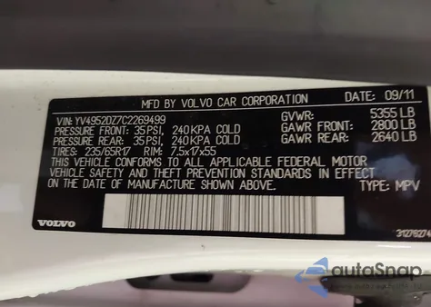 2012 Volvo Xc60 3.2/3.2 Platinum/3.2 Premier/3.2 Premier Plus from USA, damaged, VIN YV4952DZ7C2269499